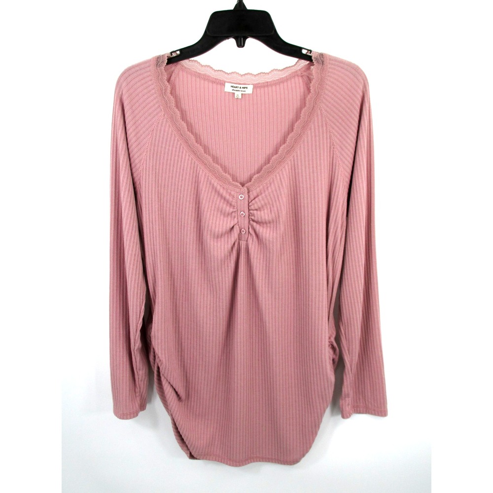 HEART & HIPS Rose Gold Pink Henley Blouse XL Ruched Lace Cottage RT53408BLAM